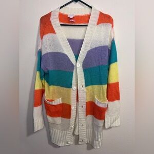 LuLaRoe Cream Cardigan with Orange, Purple, Teal, Yellow & Red Stripes